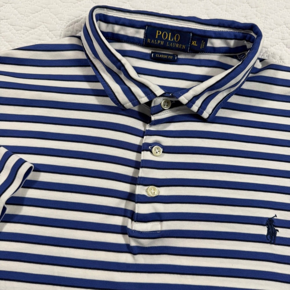 Polo Ralph Lauren Classic Fit Blue‎ White Stripe Polo Shirt Mens XL 100% Cotton